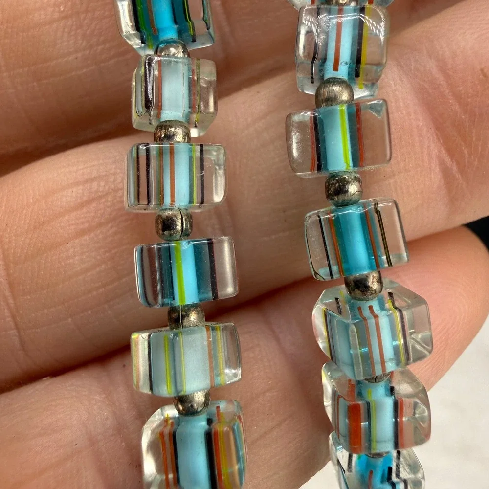Vintage Handmade Necklace Blue Striped Glass Beaded Square Boho 18